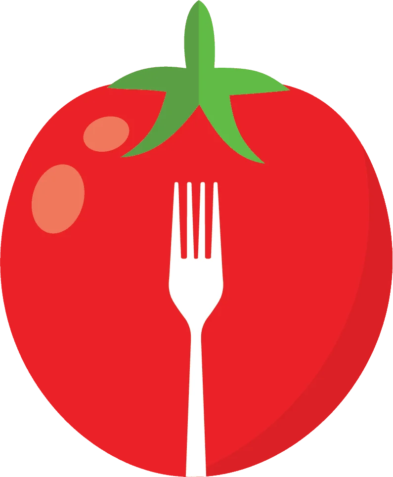 A tomato with a fork and knife on a white background.